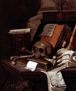 A Vanitas Still Life With Musical Scores, A Pipe, A Skull And Crossbones, And An Hour-glass On A Stone Ledge by Edward Collier