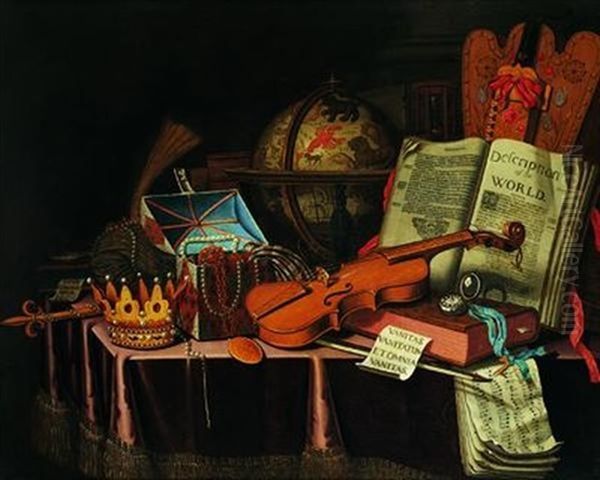 Nature Morte Aux Instruments De Musique, Mappemonde Et Coffret De Bijoux Sur Un Entablement - view 1