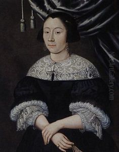 Portrait Of A Lady Wearing A Black Dress With White Collar And Cuffs, A Black Bonnet, And Holding A Fan In Her Right Hand