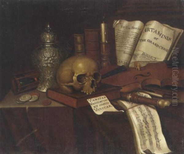 A Vanitas Still Life With Coins, Overturned Hour-glass, Urn, Skull, Candle, Books, Musical Instruments And A Score On A Table - view 1