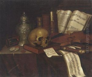 A Vanitas Still Life With Coins, Overturned Hour-glass, Urn, Skull, Candle, Books, Musical Instruments And A Score On A Table by Edward Collier