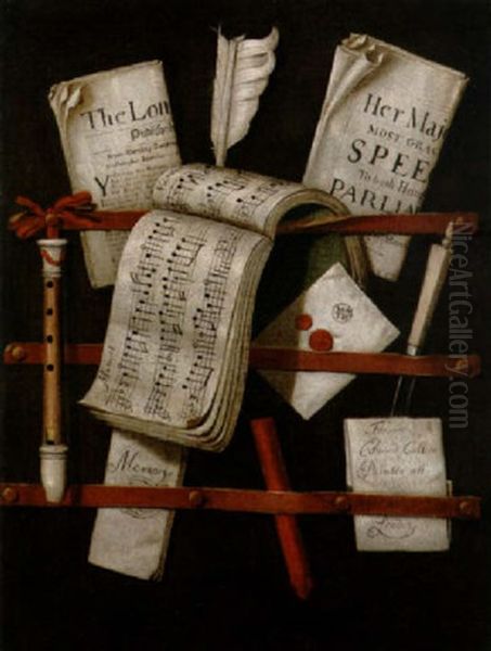 A Trompe L'oeil Of A Letter Rack With Papers, A Music Score, A Letter, A Recorder And A Quill - view 1