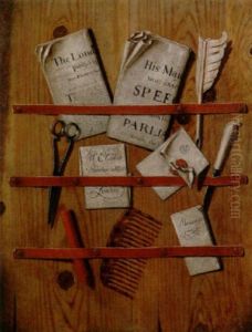 A Trompe L'oeil Of A Letter Rack With Papers, A Comb, Scissors And A Letter Knife