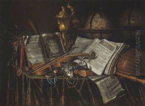 Nature Morte Aux Globes Terrestres Et Celestes, Instruments De Musique Et Pieces D'orfevrerie