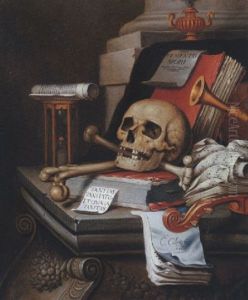 A Vanitas Still Life With An Hour Glass, A Skull And Crossbones, A Scroll, Two Books, Music Scores, A Flute, A Violin, A Sheet Of Paper.... by Edward Collier
