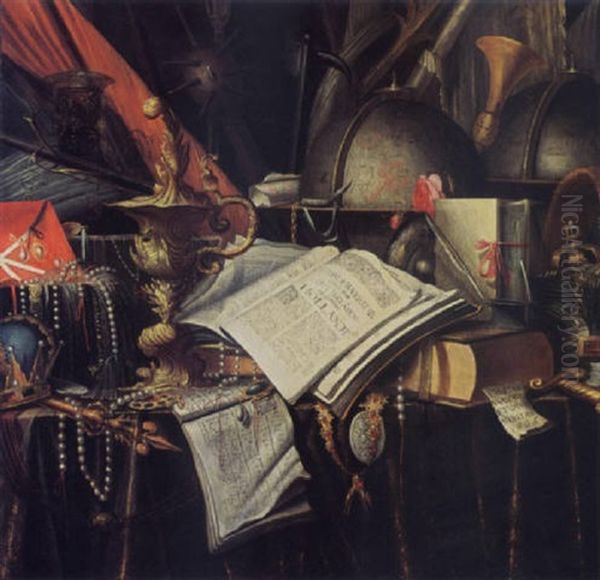 A Vanitas Still Life With Books, Globes, A Silver Gilt Beaker, A Roemer, Jewellry And Musical Instruments, All On A Draped Table - view 1