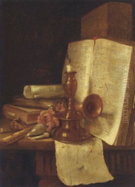 A Brass Candlestick, Books, Roses And Shells On A Table - view 1