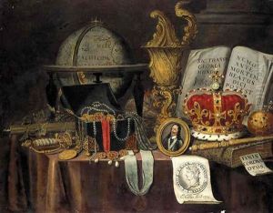 A Vanitas Still Life Of Court Jewels In A Casket, A Globe, Sword, And A Miniature Portrait Of Charles I