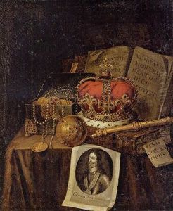 A Vanitas Still Life Of A Crown, An Orb, A Sceptre, A Casket Of Coins And Jewels, Together With Books And An Engraving Of Charles I Of England