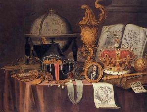 An Allegory Of Wealth And Temporal Power: A Vanitas Still Life Of Court Jewels In A Casket, A Globe, Sword, And A Miniature Portrait Of Charles I, All Resting On A Table