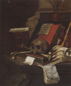 A Vanitas Still Life With Books, An Hour Glass, A Recorder, A Lute, A Musical Score And A Skull And Cross Bones by Edward Collier