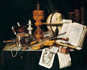 A Vanitas Still Life Of A Violin, Recorder, Music Score, Globe, Books, Casket Of Jewelry, Pearls, Other Objects And An Engraving After Van Dyck, All Upon A Table Top