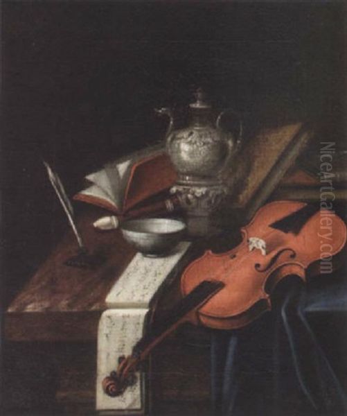 A Violin, Musical Manuscript, Recorder, Books, An Inkwell And Quill Pen, And A Silver Teapot On A Partially Draped Table - view 1