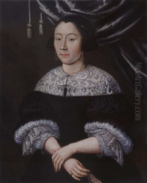 A Portrait Of A Lady, Wearing A Black Dress With White Lace Collar And Cuffs, A Black Bonnet, Holding A Fan - view 1