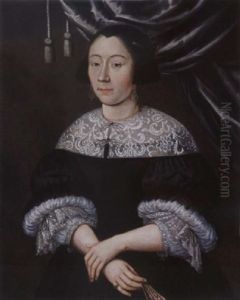 A Portrait Of A Lady, Wearing A Black Dress With White Lace Collar And Cuffs, A Black Bonnet, Holding A Fan