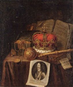 A Vanitas Still Life Of A Crown, An Orb, A Sceptre, A Casket Of Coins And Jewwels, Together With Books And An Engraving by Edward Collier