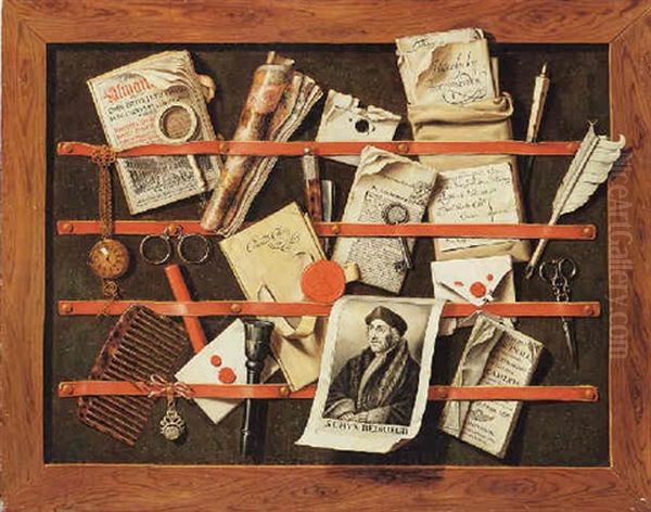 A Trompe L'oeil Still Life Of Written And Printed Documents And Other Paraphernalia Held By Strips Of Ribbon To A Framed Board - view 1