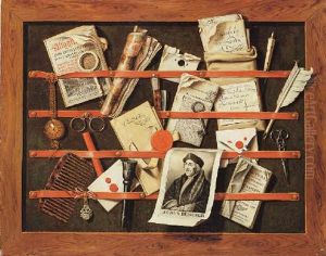 A Trompe L'oeil Still Life Of Written And Printed Documents And Other Paraphernalia Held By Strips Of Ribbon To A Framed Board
