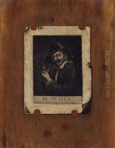 A Trompe L'oeil Still Life Of An Engraving Of A Man, Entitled De Smaeck, Affixed To A Wooden Partition
