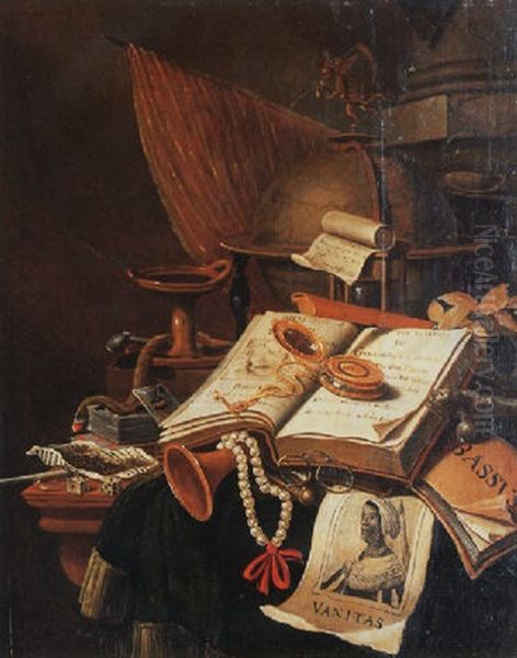 A Vanitas Still Life With An Open Book, A Watch, A Globe And Other Instruments On A Draped Table - view 1