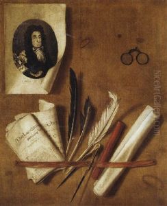 A Trompe L'oeil Still Life Of An Engraving Of King Charles Ii, Newspapers, Feathers, A Compass, And A Sealing Wax Stick