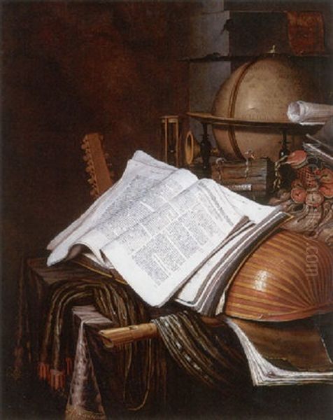 A Vanitas Still Life With A Globe, An Hourglass, A Pouch, Books, Sheet Music, And Musical Instruments On A Table - view 1