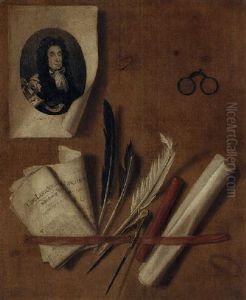 A Trompe L'oeil Still Life Of An Engraving Of King Charles Ii, Newspapers, Feathers, A Compass, A Sealing Wax Stick And A Scroll