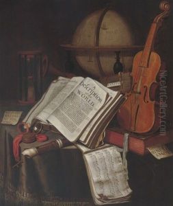 A Vanitas Still Life Of A Globe, Books, An Hourglass, Violin, Recorder, A Pocket-watch And Sheet Music, All Upon A Table Draped With A Cloth by Edward Collier