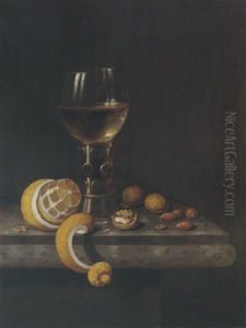 A Still Life Of A Roemer, Peeled Lemon, Walnuts And Hazelnuts Upon A Stone Ledge by Edward Collier