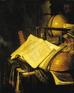 A Vanitas Still Life With A Globe, And Hourglass, A Pouch, Books, Sheet Music, A Lute And Other Musical Instruments On A Draped Table by Edward Collier
