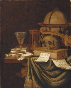 A Vanitas Still Life, With A Globe, An Hourglass, A Book, A Sheet Of Music, A Pope, Tobacco, Dice, Playing Cards A Glass, A Violin And A Sheet Of Paper by Edward Collier
