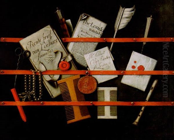 Trompe L'oeil Stilleben Med Brev, Lackstang, Musikinstrument Och Andra Foremal - view 1
