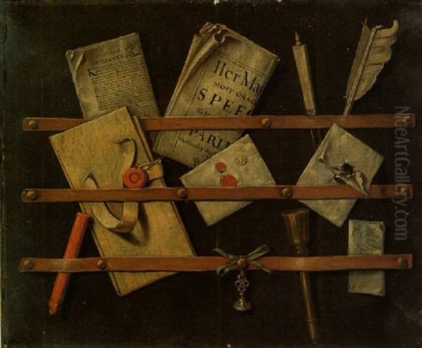 Trompe L'oeil Still Life Of A Letter Rack Holding Newspapers, Letters, A Knife, Quill, Wax And Seals - view 1