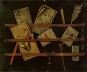 Trompe L'oeil Still Life Of A Letter Rack Holding Newspapers, Letters, A Knife, Quill, Wax And Seals by Edward Collier
