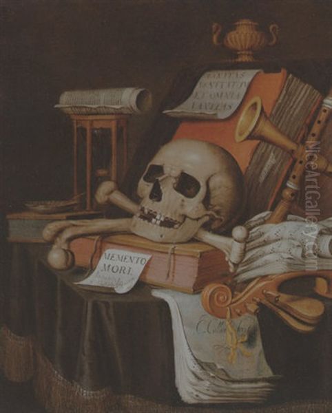 A Vanitas Still Life Of A Skull And Crossbones, Music Scores, A Scroll, Books, An Hour Glass, A Lute And Other Instruments, On A Draped Table - view 1