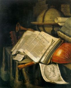 A Vanitas Still Life Of Books, Manuscripts, An Engraving Of The Emperor Augustus Caesar, Musical Instruments, And A Globe