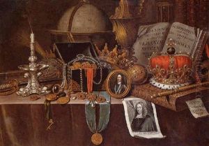 A Vanitas Still Life Of A Casket Of Jewels, A Silver Candlestick, A Watch And A Crown, With Miniatures Of Charles I And Henri Iv
