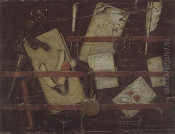 A Trompe L'oeil Of A Noticeboard, With Letters, A Dutch Newspaper, A Coin, A Pair Of Spectacles And Various Writing Implements - view 1