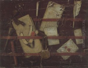A Trompe L'oeil Of A Noticeboard, With Letters, A Dutch Newspaper, A Coin, A Pair Of Spectacles And Various Writing Implements A Trompe L'oeil Of A Noticeboard, With Letters, A Dutch Newspaper, A Coin, A Pair Of Spectacles And Various Writing Implements