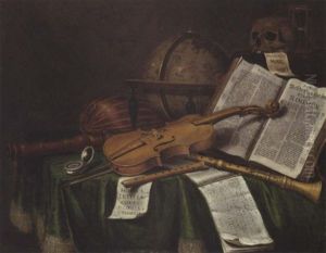A Vanitas Still Life With An Astrological Globe, A Violin, A Skull, An Hourglass, An Open Book, A Score, A Watch, A Lute On A Draped Table by Edward Collier