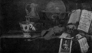 Still Life Of Gold And Silver Vessels, Musical Instruments, Books And A Watch On A Table