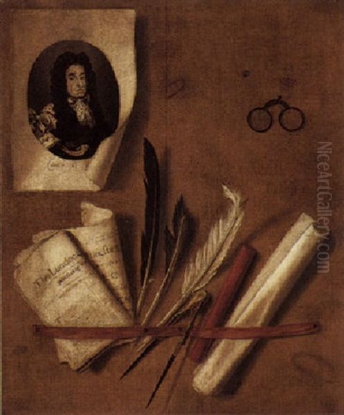 Trompe L'oeil Still Life With Letter Rack And Engraving Of A Portrait Of Charles Ii - view 1
