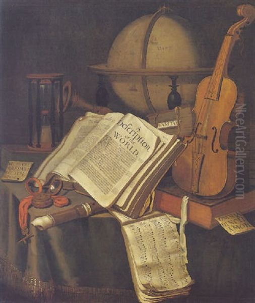 A Vanitas Still Life Of Books, A Musical Score, A Violin And Other Musical Instruments And Objects On A Draped Table - view 1