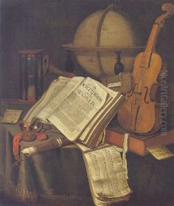 A Vanitas Still Life Of Books, A Musical Score, A Violin And Other Musical Instruments And Objects On A Draped Table by Edward Collier