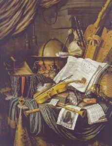 A Vanitas Still Life: A Globe, A Casket Of Jewels And Medallions, Books, A Hurdy Gurdy, A Bagpipe, A Lute And Other Objects by Edward Collier