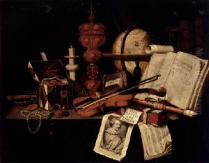 A Vanitas Still Life With A Candlestick, Musical Instruments, Books, An Open Jewelry Casket And Other Objects On A Table
