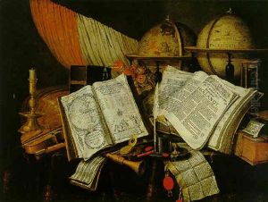 A Vanitas Still Life With A Candlestick, Musical Instruments, Dutch Books And Other Books, All On A Draped Table