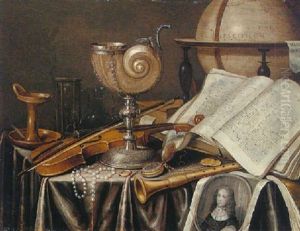 A Vanitas Still Life On A Nautilius Cup, A Book, A Globe And Others Objects All On A Table Draped With A Grey Cloth