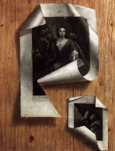 A Trompe L'oeil Of A Torn Engraving Depicting Queen Anne Of England And An Italian Engraving Of A Seated Lady by Edward Collier