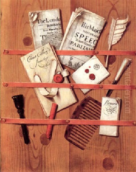 Trompe L'oeil Still Life Of A Letter Rack Holding Newspapes, Letters, A Comb, A Knife, A Quill, Wax And A Seal - view 1